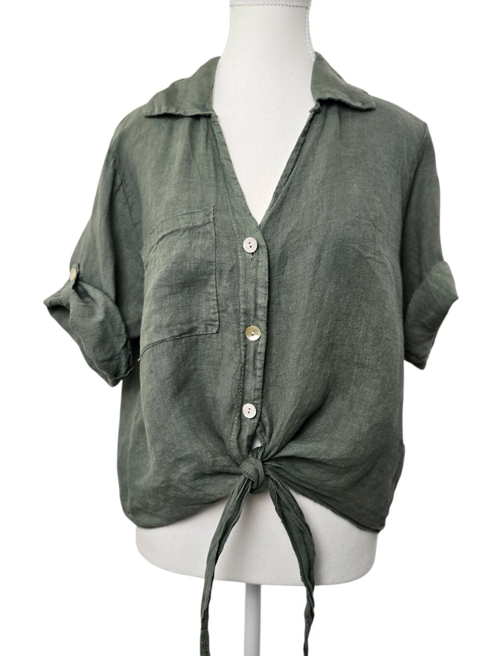 Italian Made 100% Linen Sage Green Button Down Shirt Roll Tab Sleeve Women's
